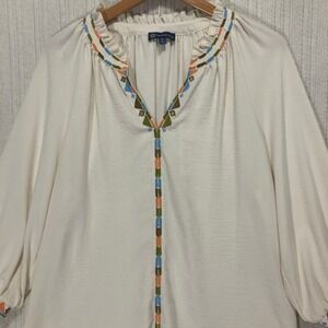 Democracy Cream Embroidered Boho Peasant Blouse Ruffle‎ V Neck Top Womens M